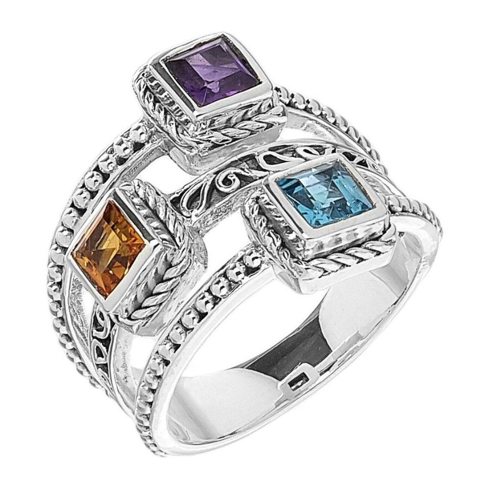 Samuel B. Collection Sterling Silver Three Row Multi Gemstone Ring